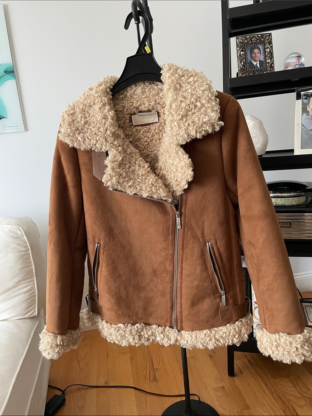 Michael Kors Tan Brown Faux-Suede Aviator Jacket with Cream Shearling